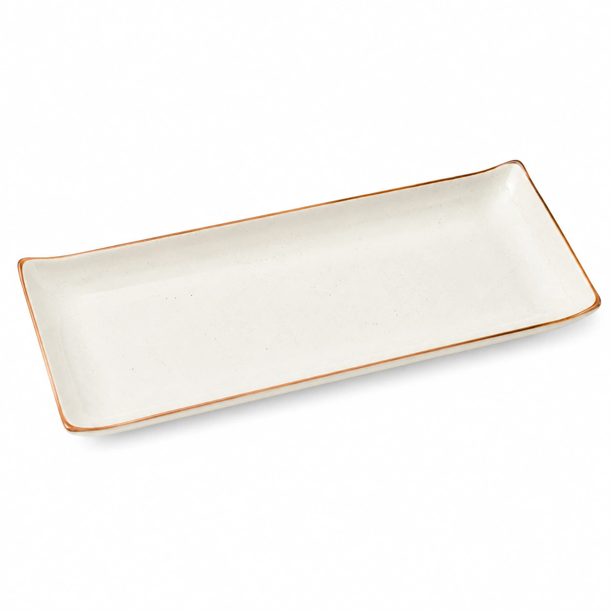 Plateau de service rectangulaire 35×15 cm en céramique blanc crème bord marron