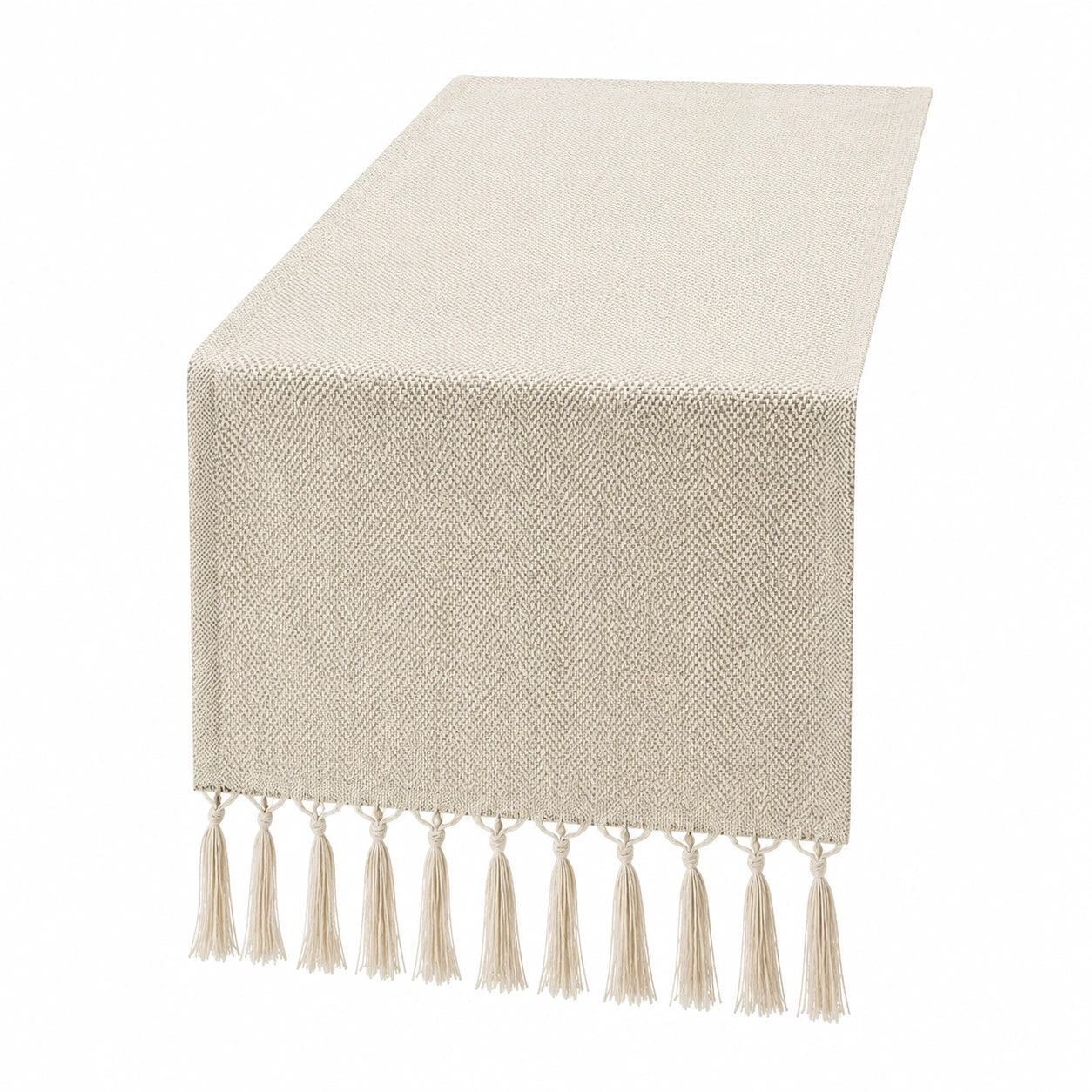 Chemin de table 180 x 35 cm beige en tissu tissé à franges décoratif