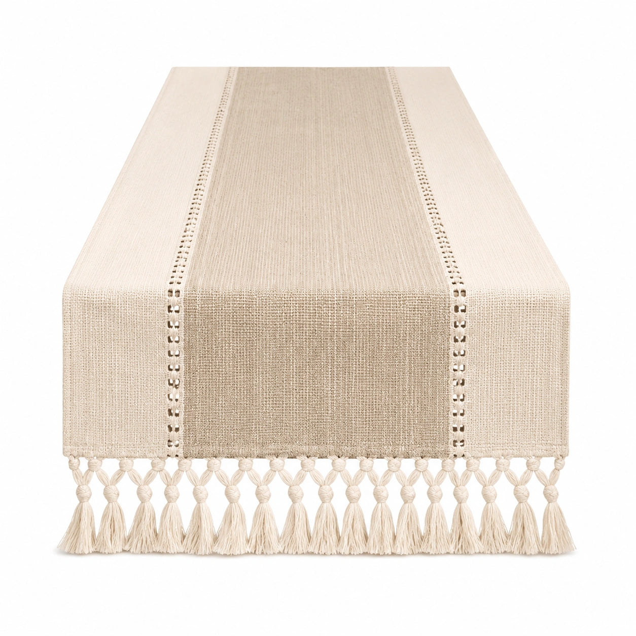 Chemin de table 180 x 33 cm en coton beige à franges style bohème