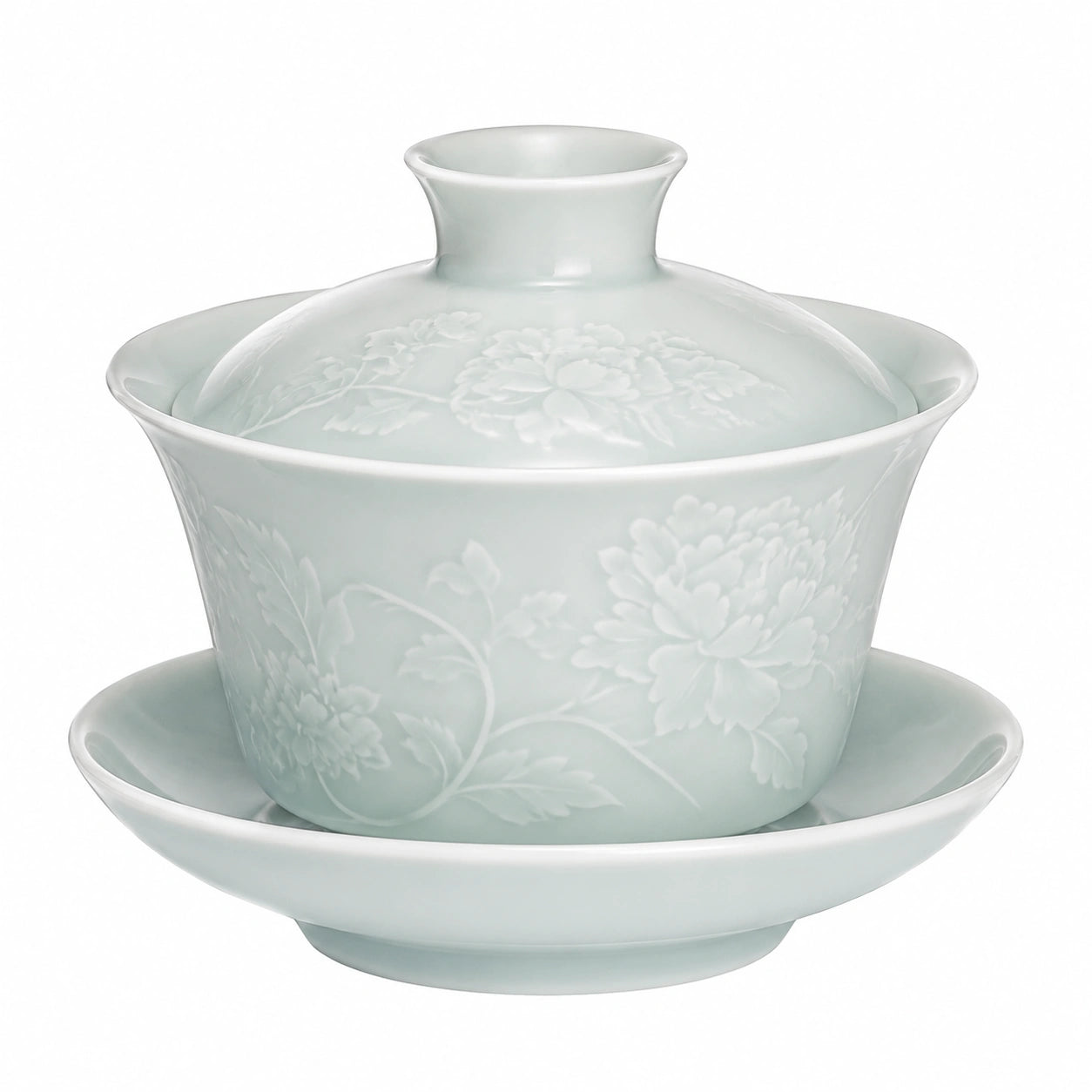 Gaiwan en porcelaine 180 ml vert céladon à motif floral gravé