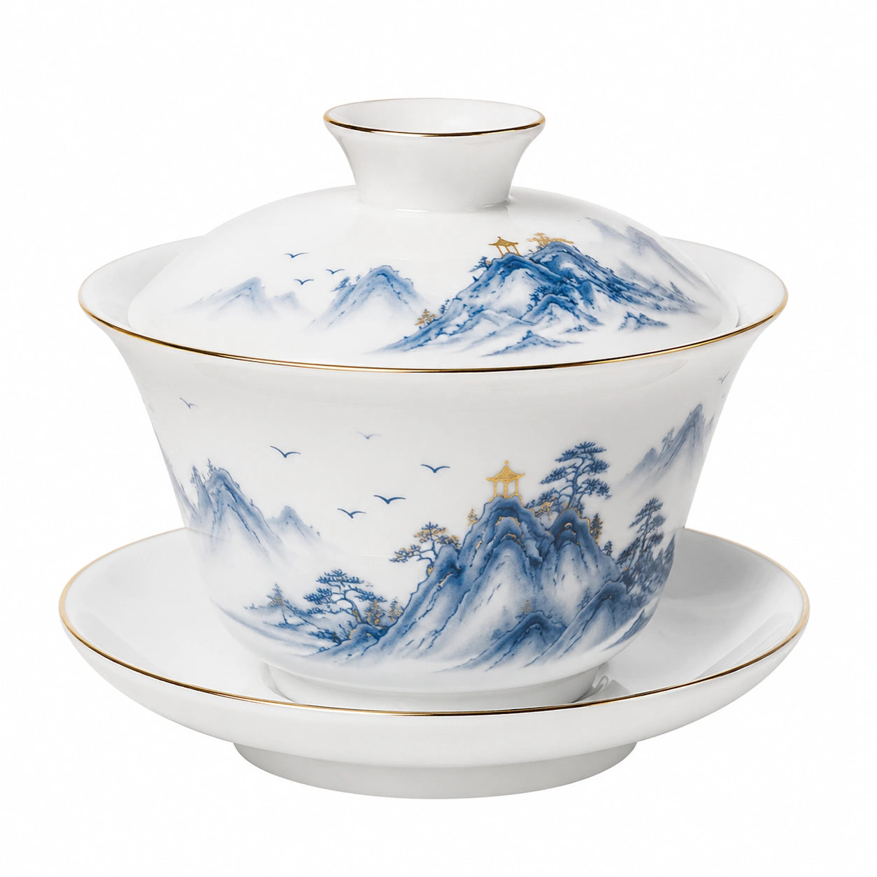 Gaiwan en porcelaine 180 ml blanc bleu et doré - service à thé avec soucoupe et couvercle décor paysage
