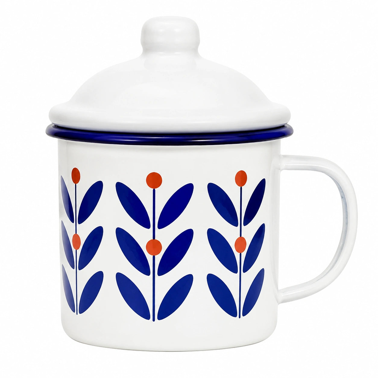 Tasse à couvercle 500 ml en métal émaillé blanc bleu orange à motif floral