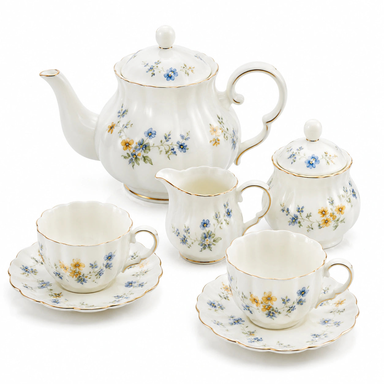 Service à thé 2 personnes en porcelaine blanche à fleurs bleues et jaunes finition dorée