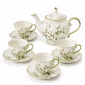 Service à thé 4 personnes en porcelaine blanc/vert motif floral finition dorée