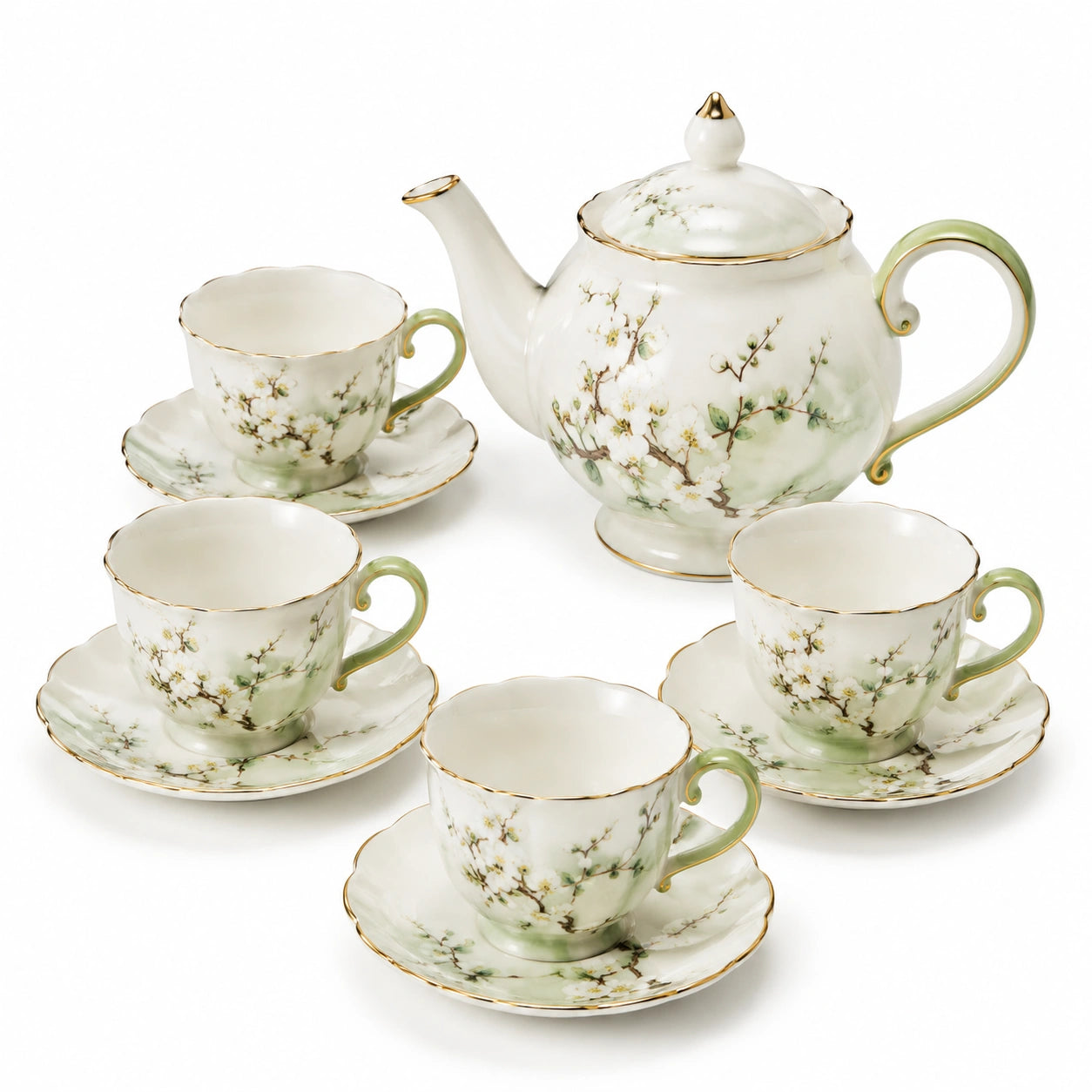 Service à thé 4 personnes en porcelaine blanc/vert motif floral finition dorée