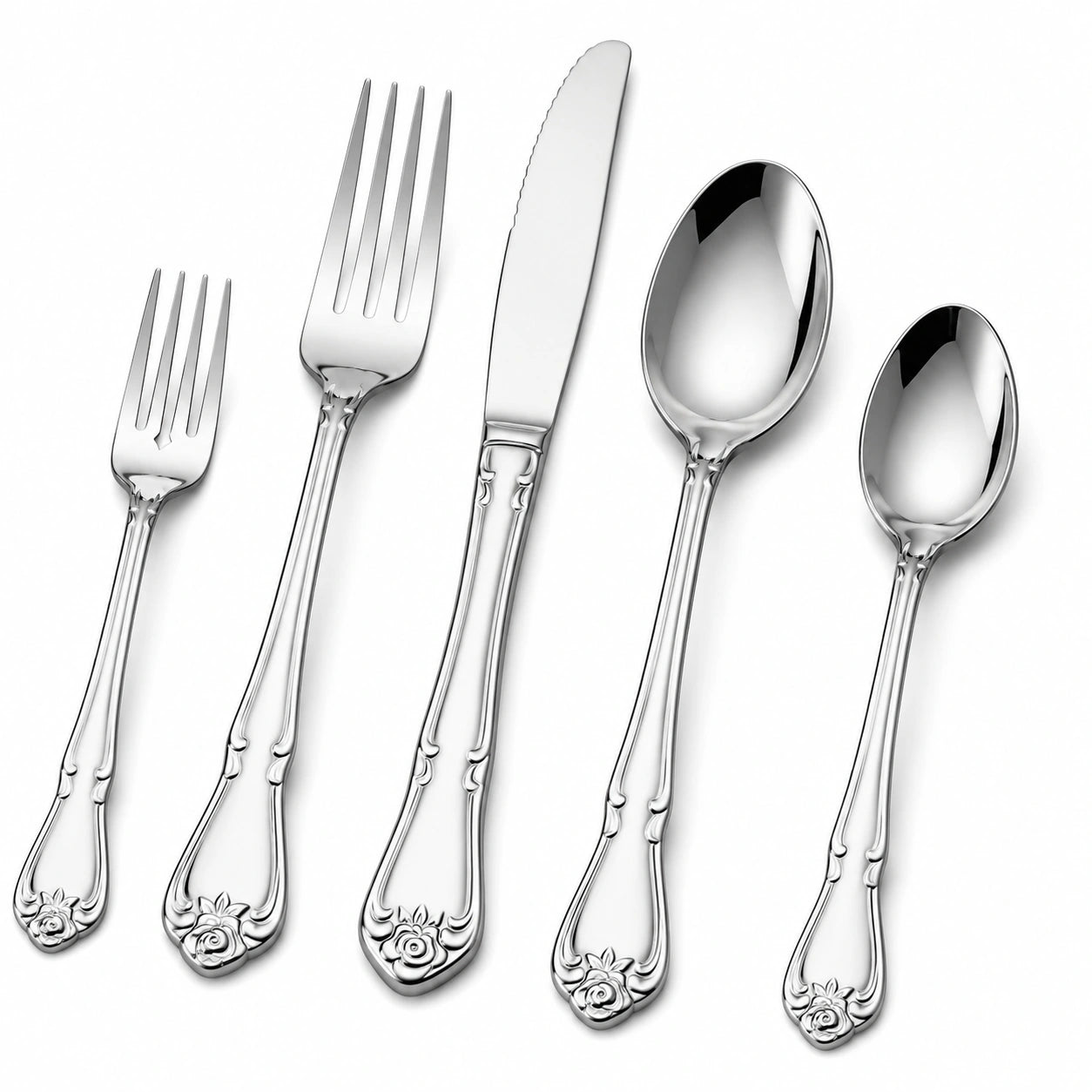 Ménagère 5 pièces 16 à 23 cm en acier inoxydable argenté style classique à motif floral