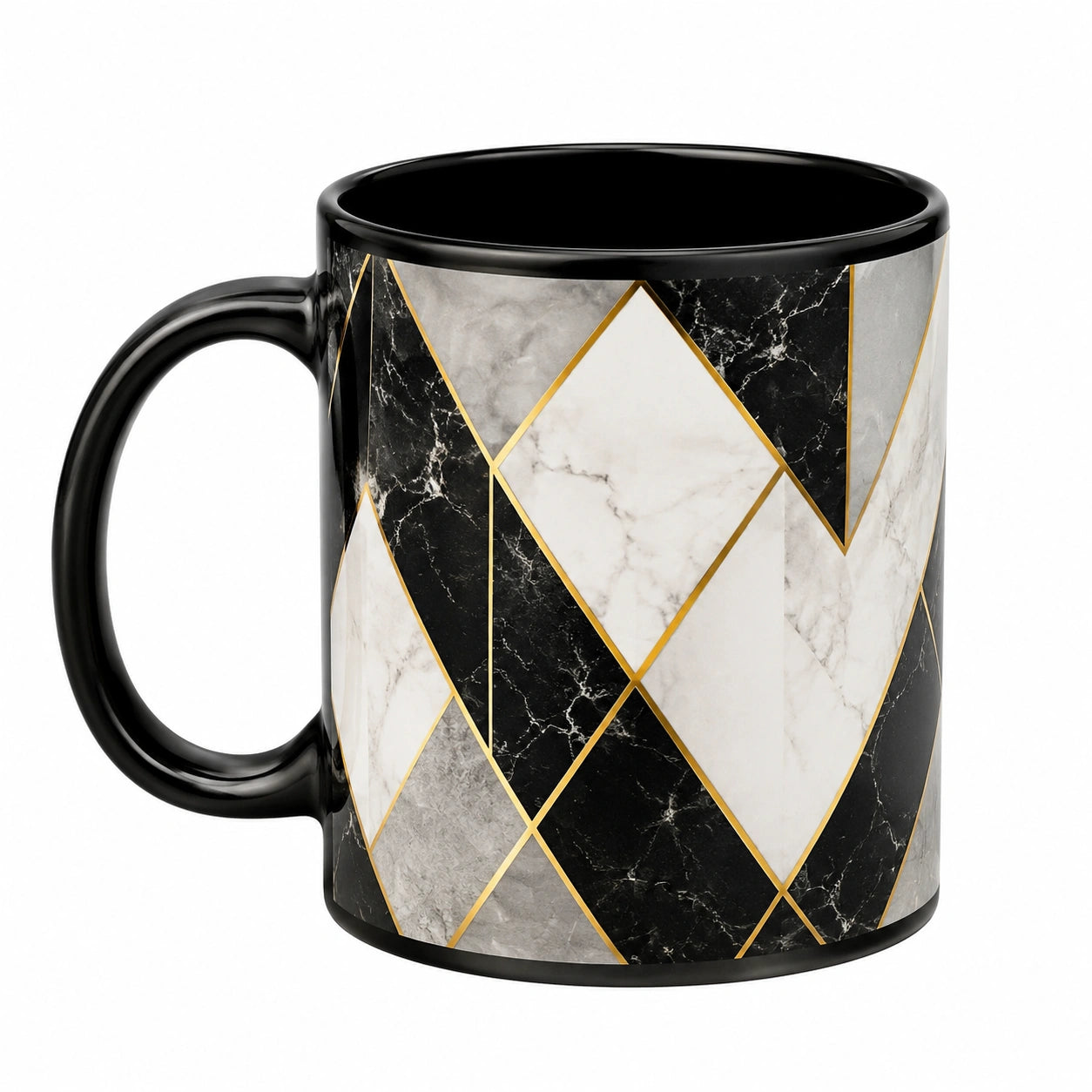 Mug 350 ml en céramique noir blanc doré motif marbre géométrique - anse ronde