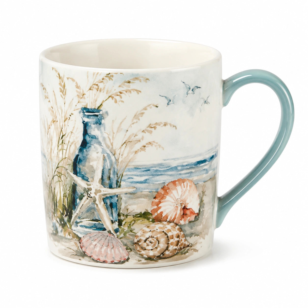 Tasse 350 ml en céramique blanche et bleu clair à motif marin avec anse